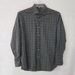 Ingram Mens Grey Green Plaid Cotton Button Up Shirt Made in Italy Size M Tuscany
